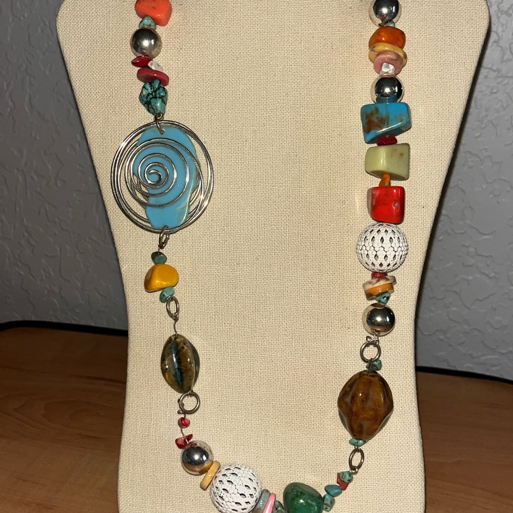 Artisan whimsical Multicolor Beaded Necklace with Silver Spiral